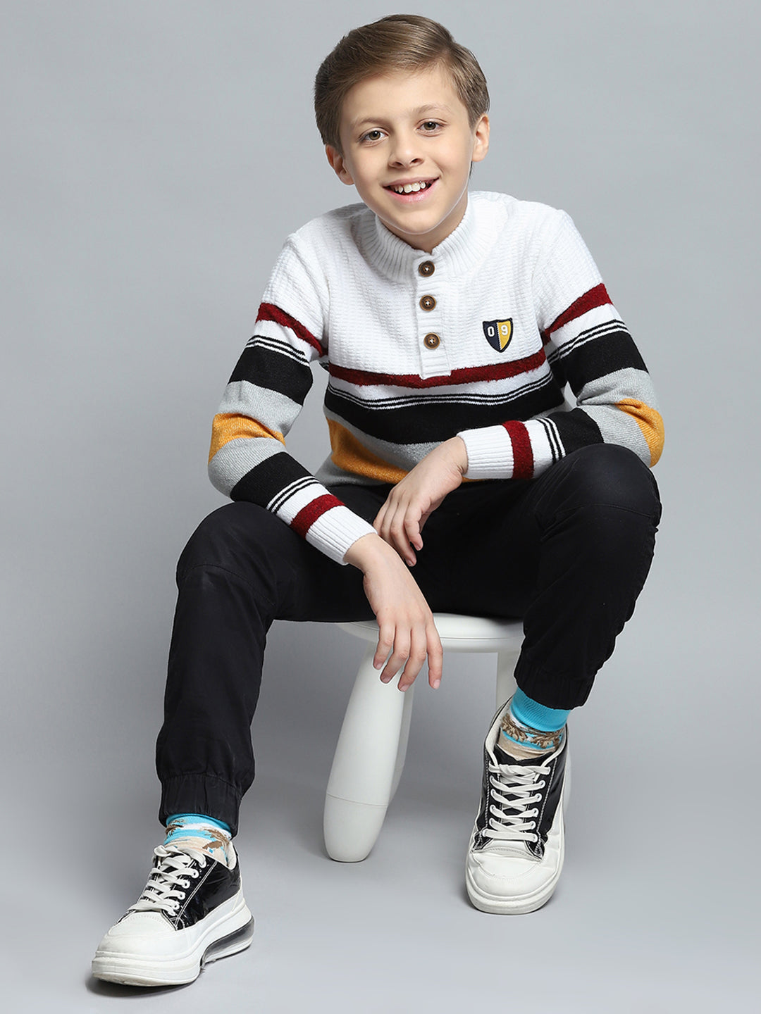 Boys Off White Self Design Mock Neck Full Sleeve Pullover