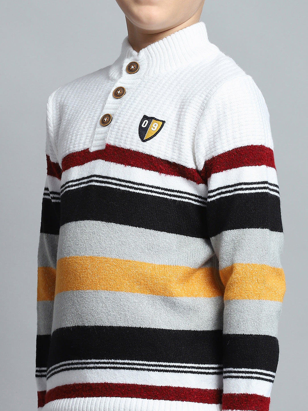 Boys Off White Self Design Mock Neck Full Sleeve Pullover