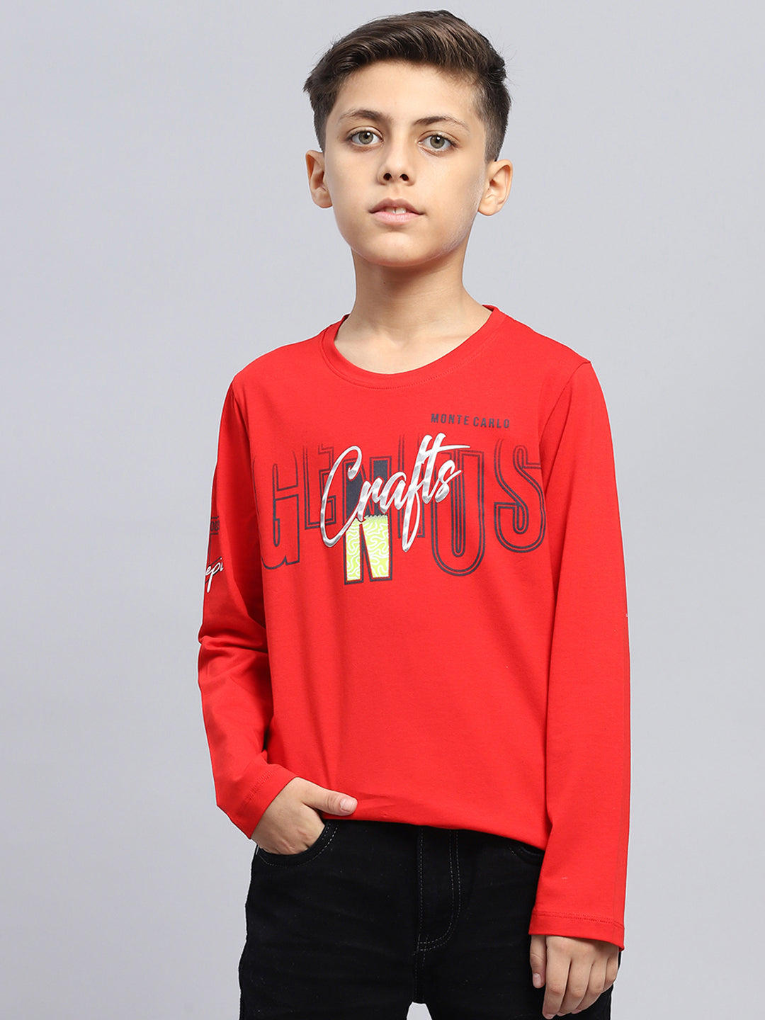 Boys Red Printed Round Neck Full Sleeve T-Shirt