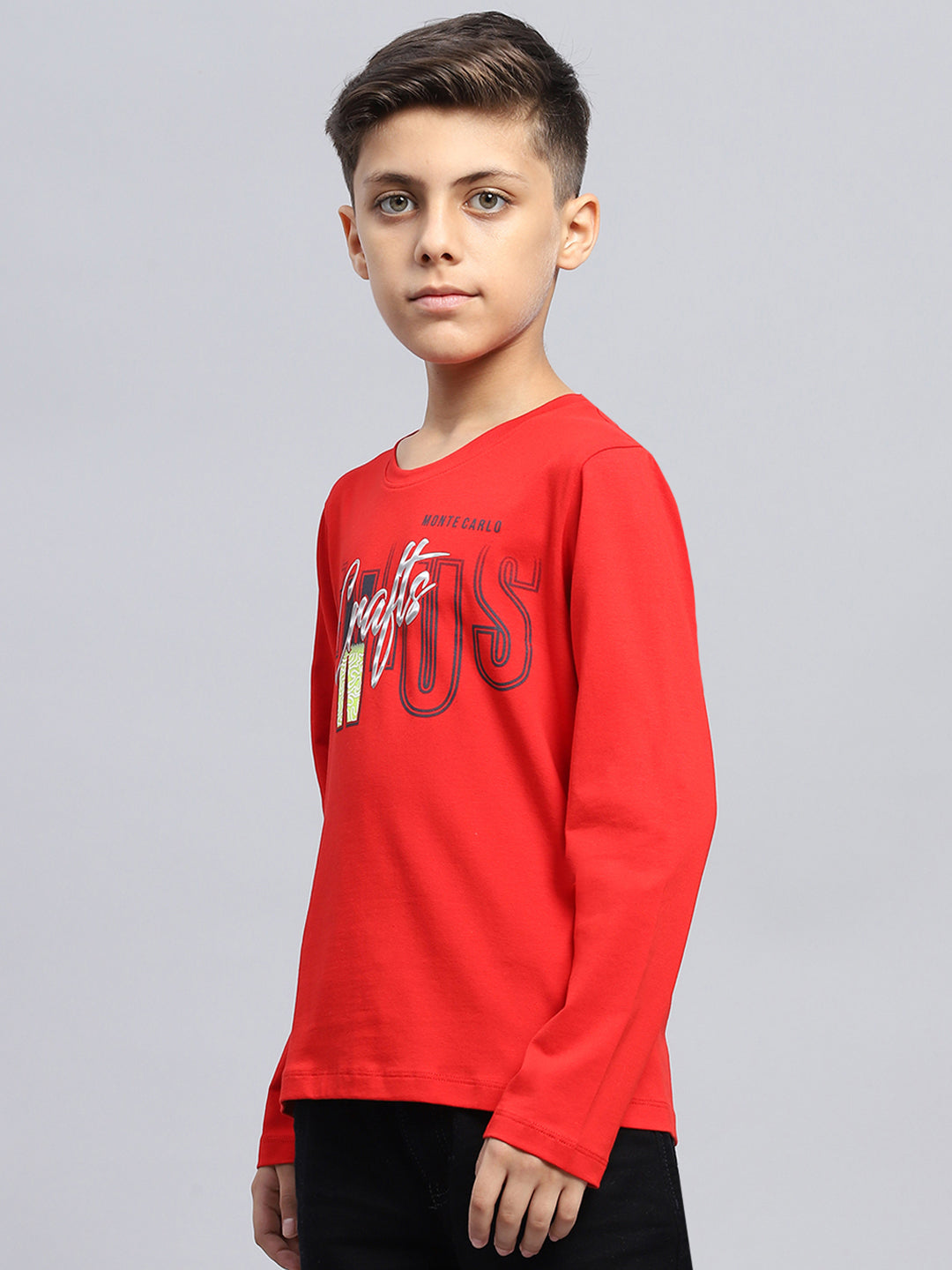 Boys Red Printed Round Neck Full Sleeve T-Shirt