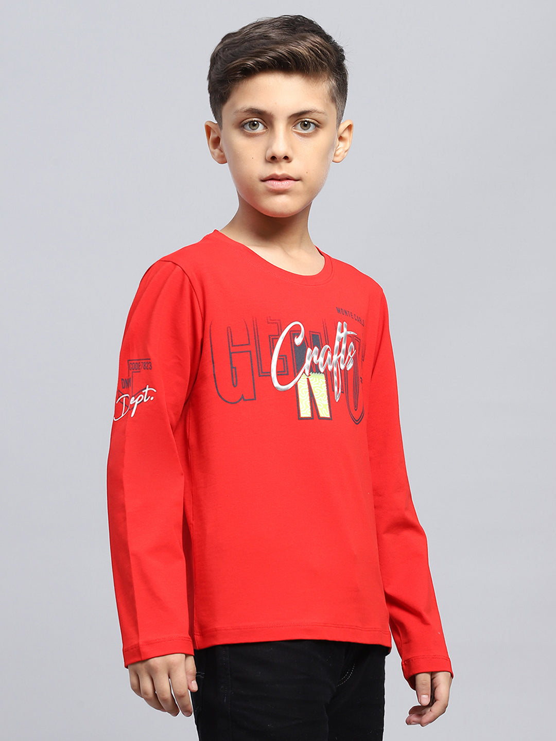 Boys Red Printed Round Neck Full Sleeve T-Shirt