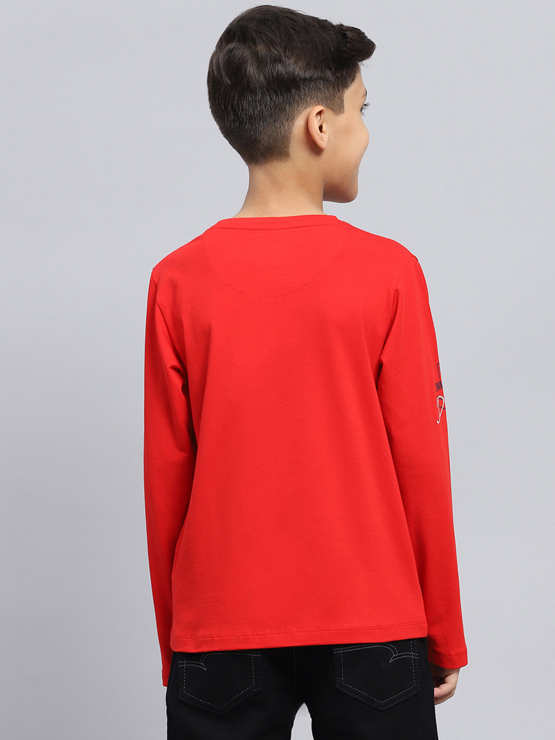 Boys Red Printed Round Neck Full Sleeve T-Shirt