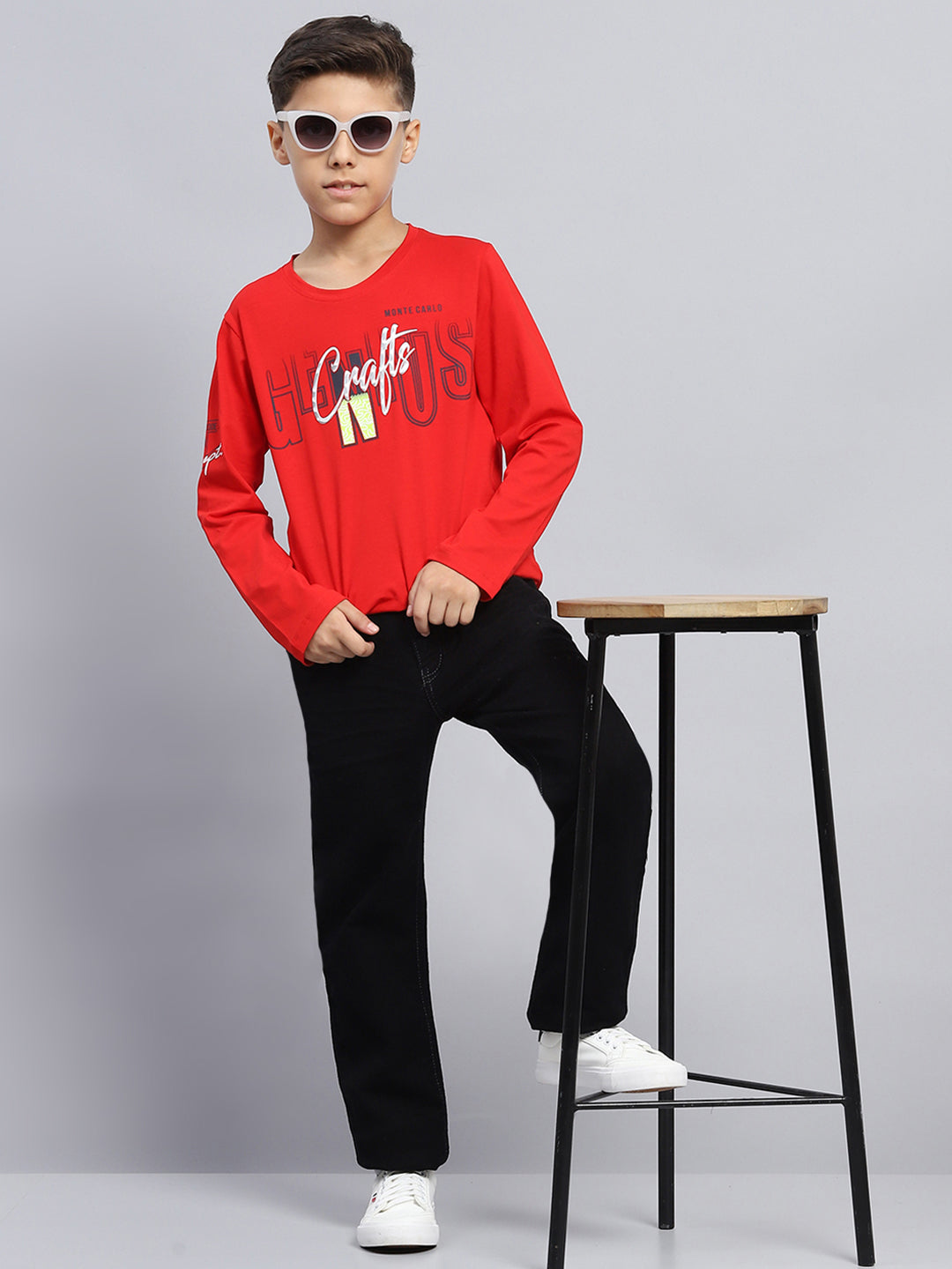 Boys Red Printed Round Neck Full Sleeve T-Shirt