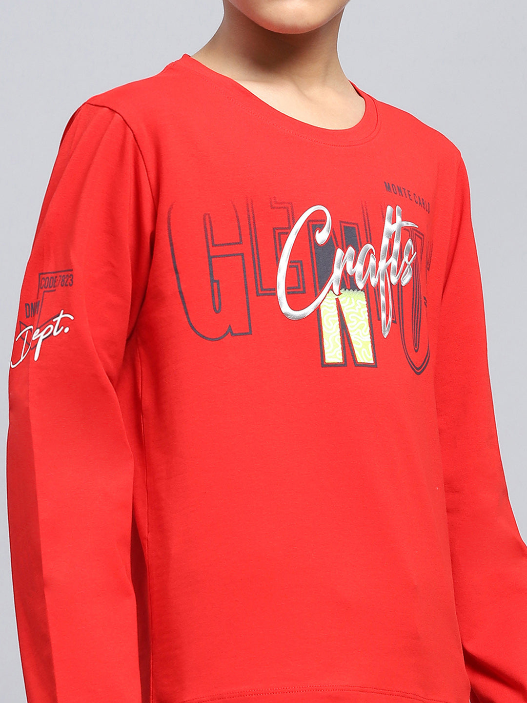 Boys Red Printed Round Neck Full Sleeve T-Shirt