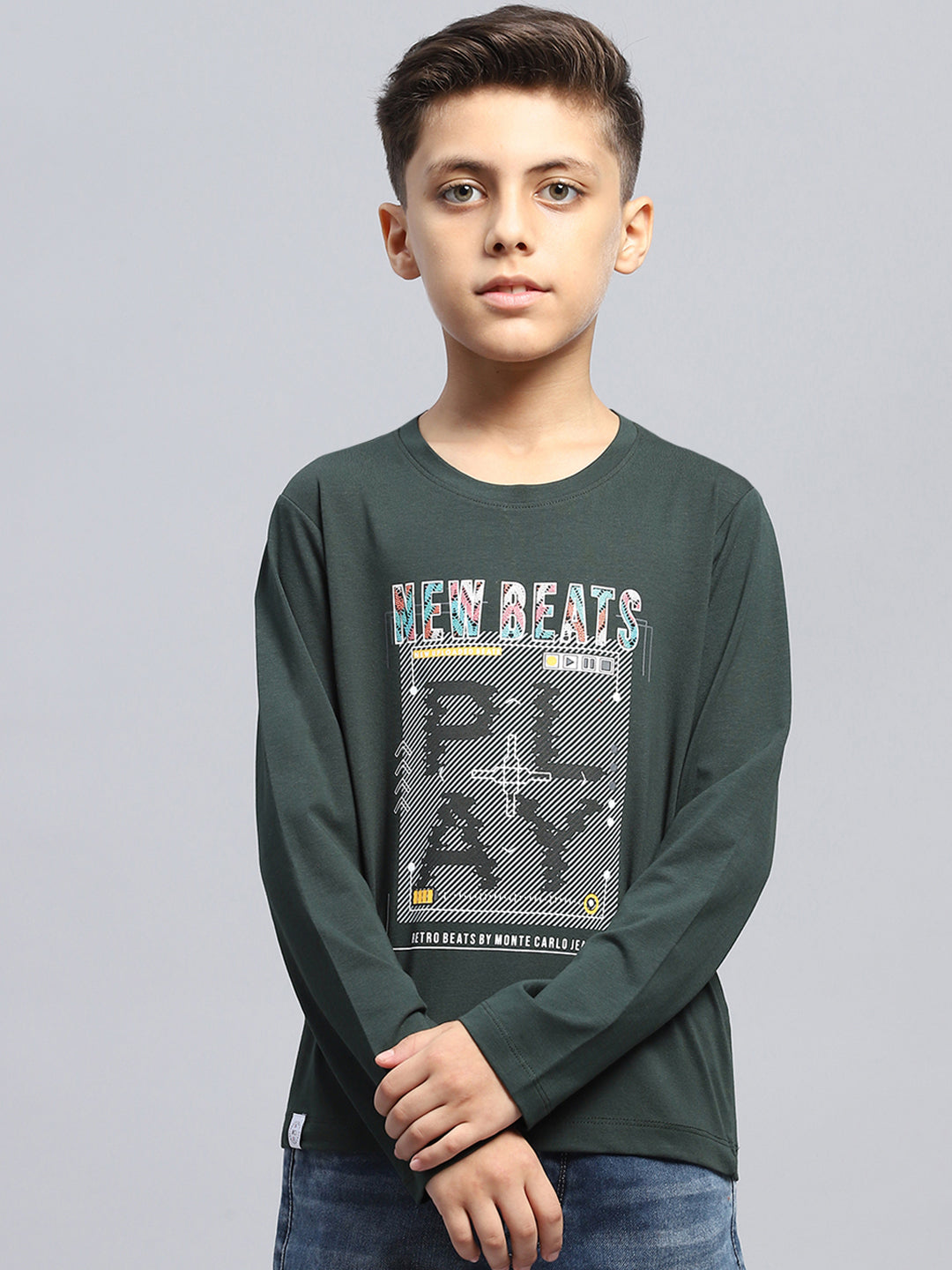 Boys Green Printed Round Neck Full Sleeve T-Shirt