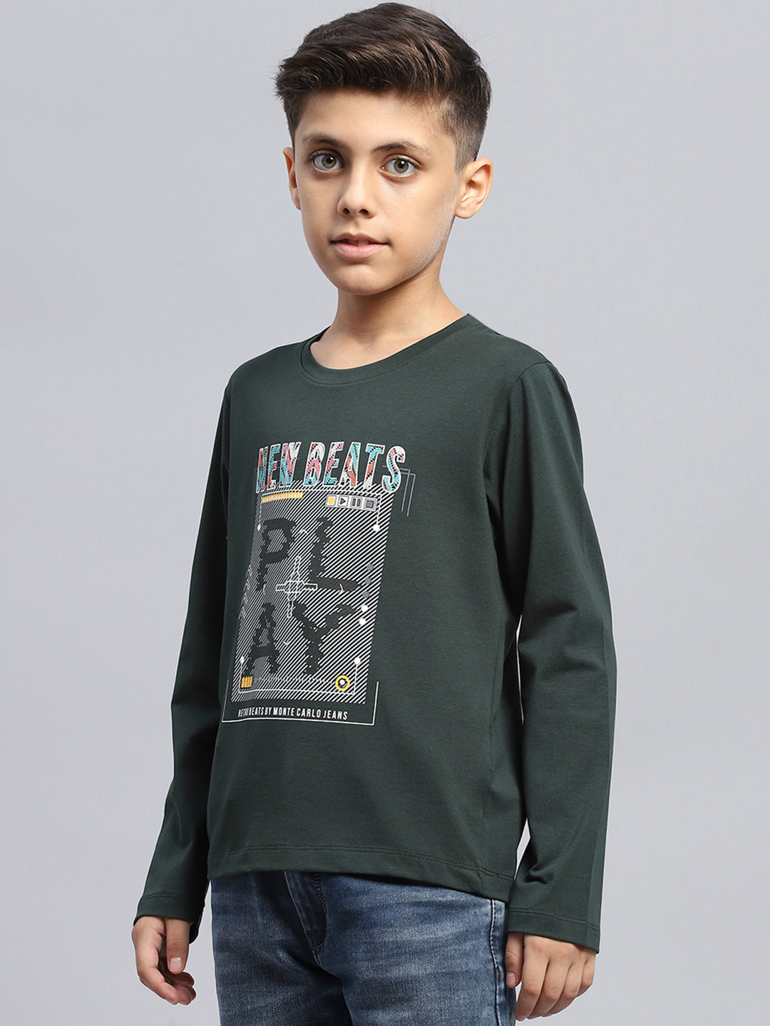 Boys Green Printed Round Neck Full Sleeve T-Shirt