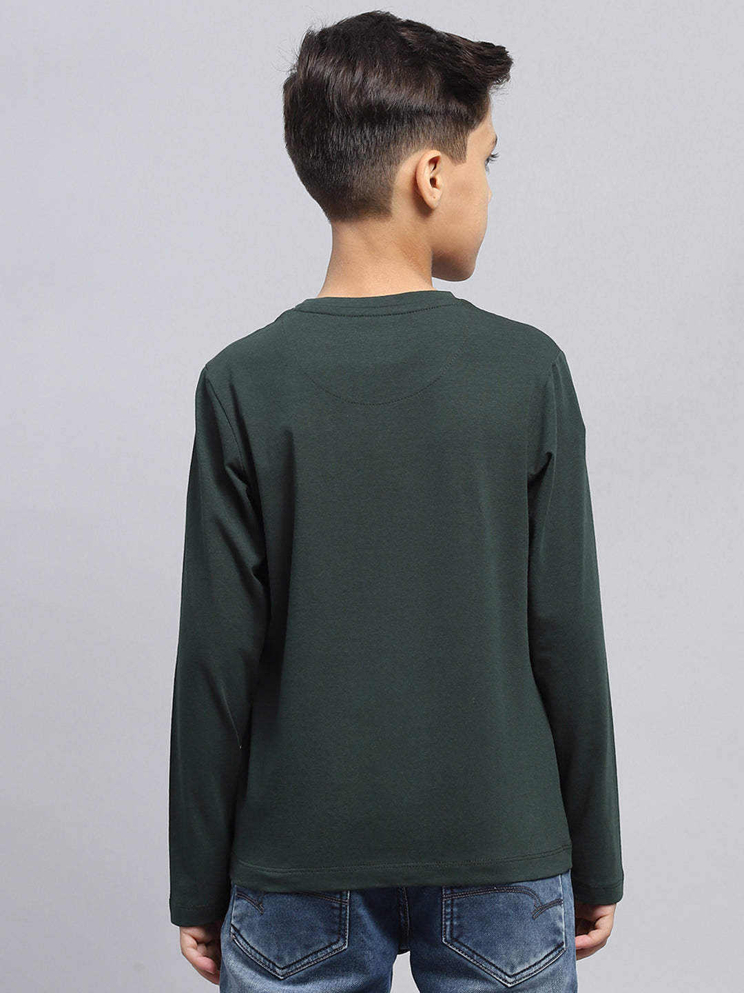 Boys Green Printed Round Neck Full Sleeve T-Shirt