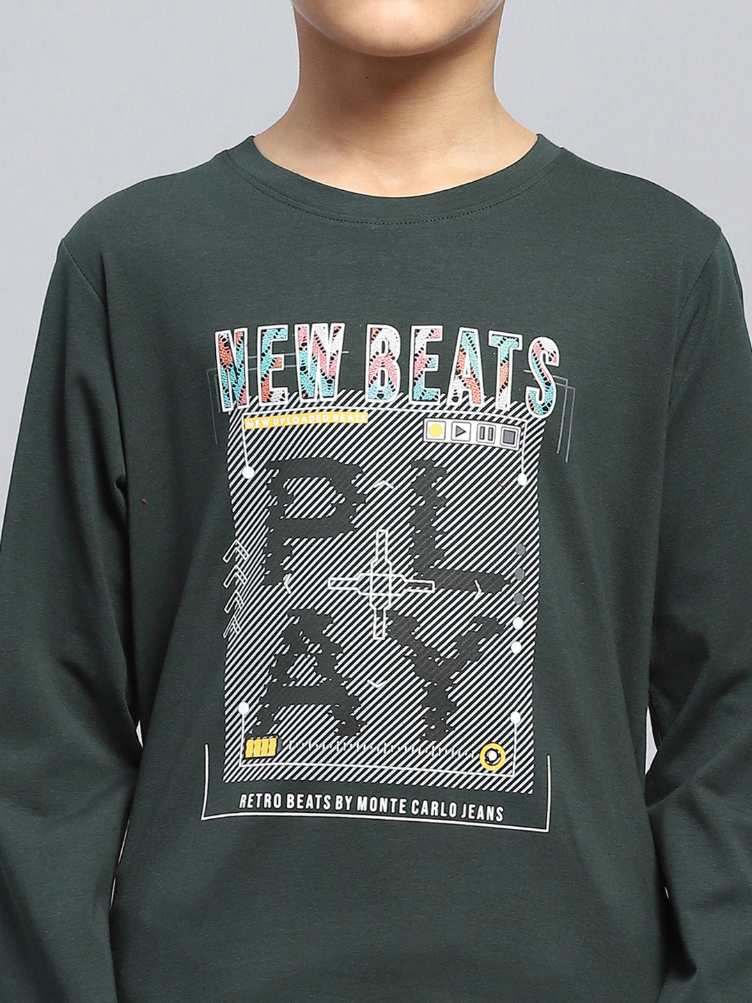 Boys Green Printed Round Neck Full Sleeve T-Shirt