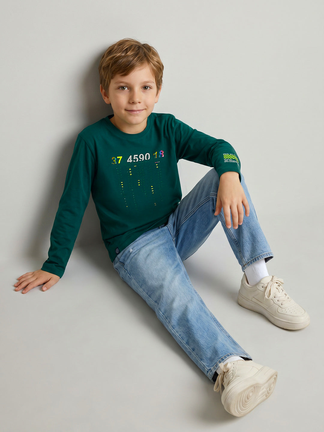 Boys Teal Blue Typography Print Round Neck Full Sleeve T-Shirt