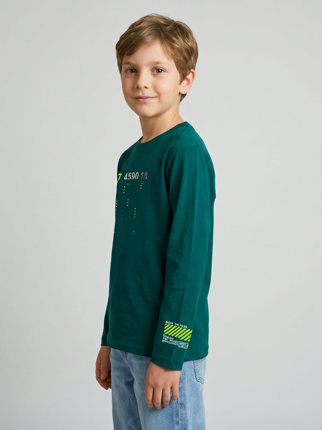 Boys Teal Blue Typography Print Round Neck Full Sleeve T-Shirt