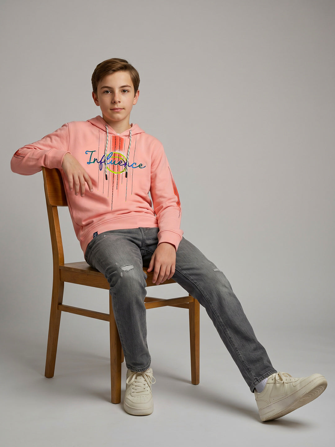 Boys Pink Printed Hooded Full Sleeve Winter T-Shirt