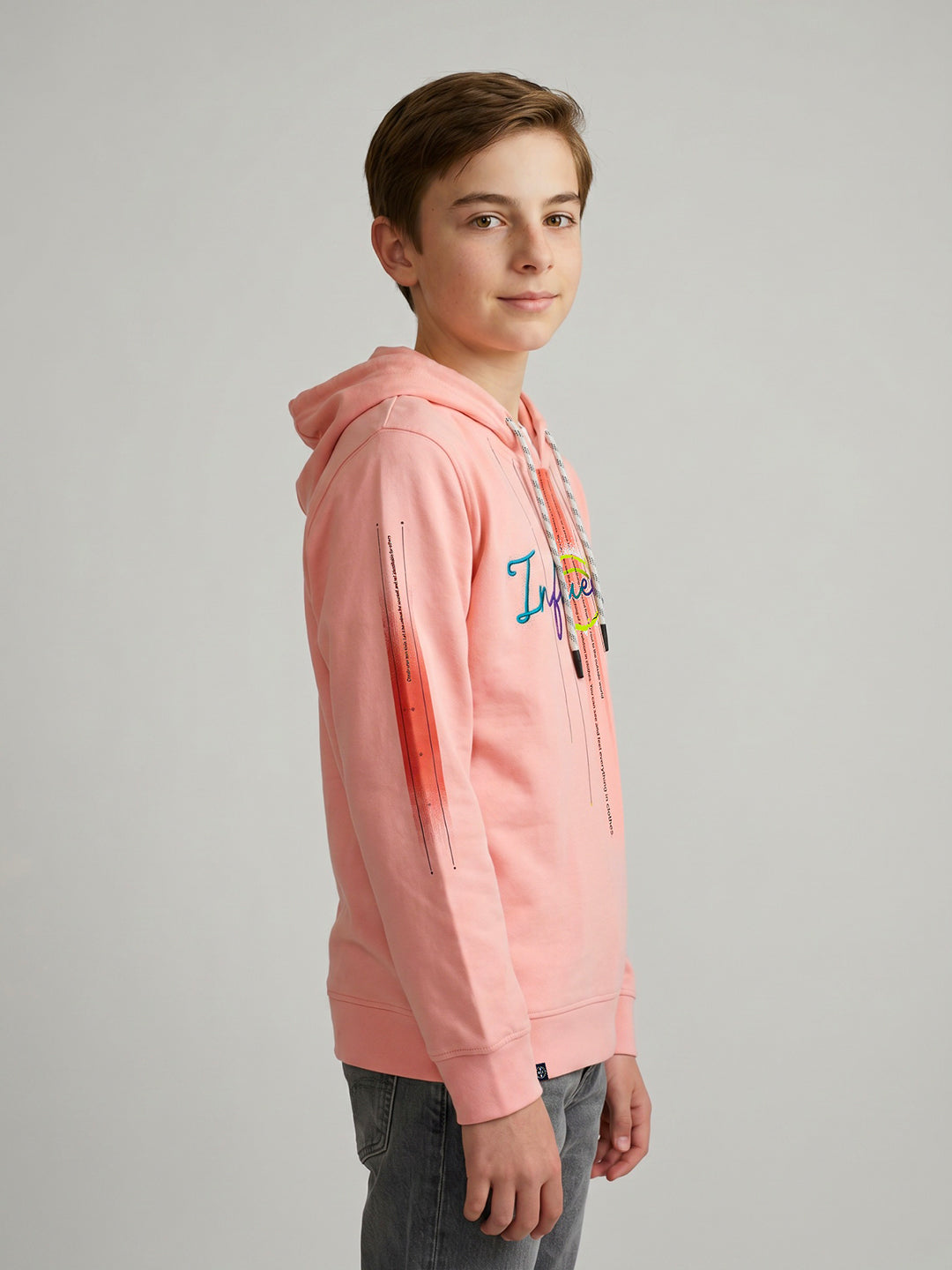 Boys Pink Printed Hooded Full Sleeve Winter T-Shirt