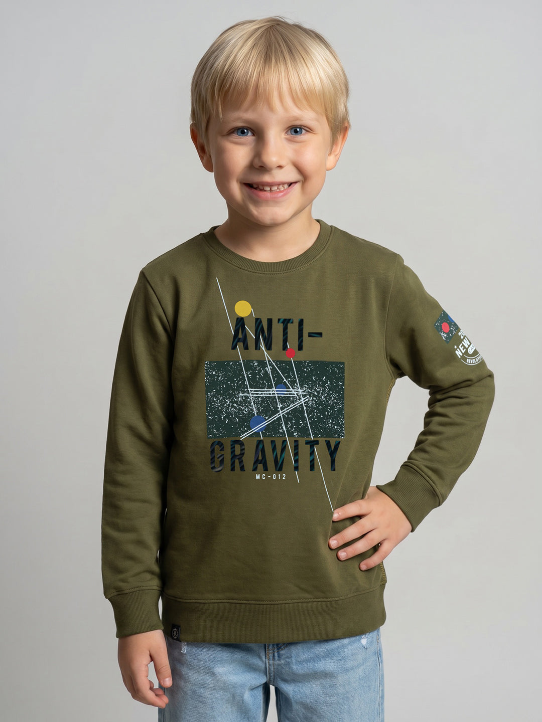 Boys Olive Printed Round Neck Full Sleeve T-Shirt