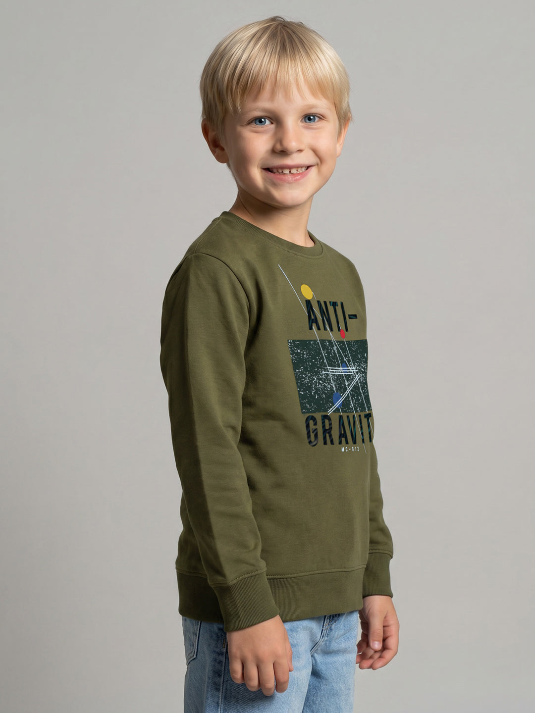 Boys Olive Printed Round Neck Full Sleeve T-Shirt