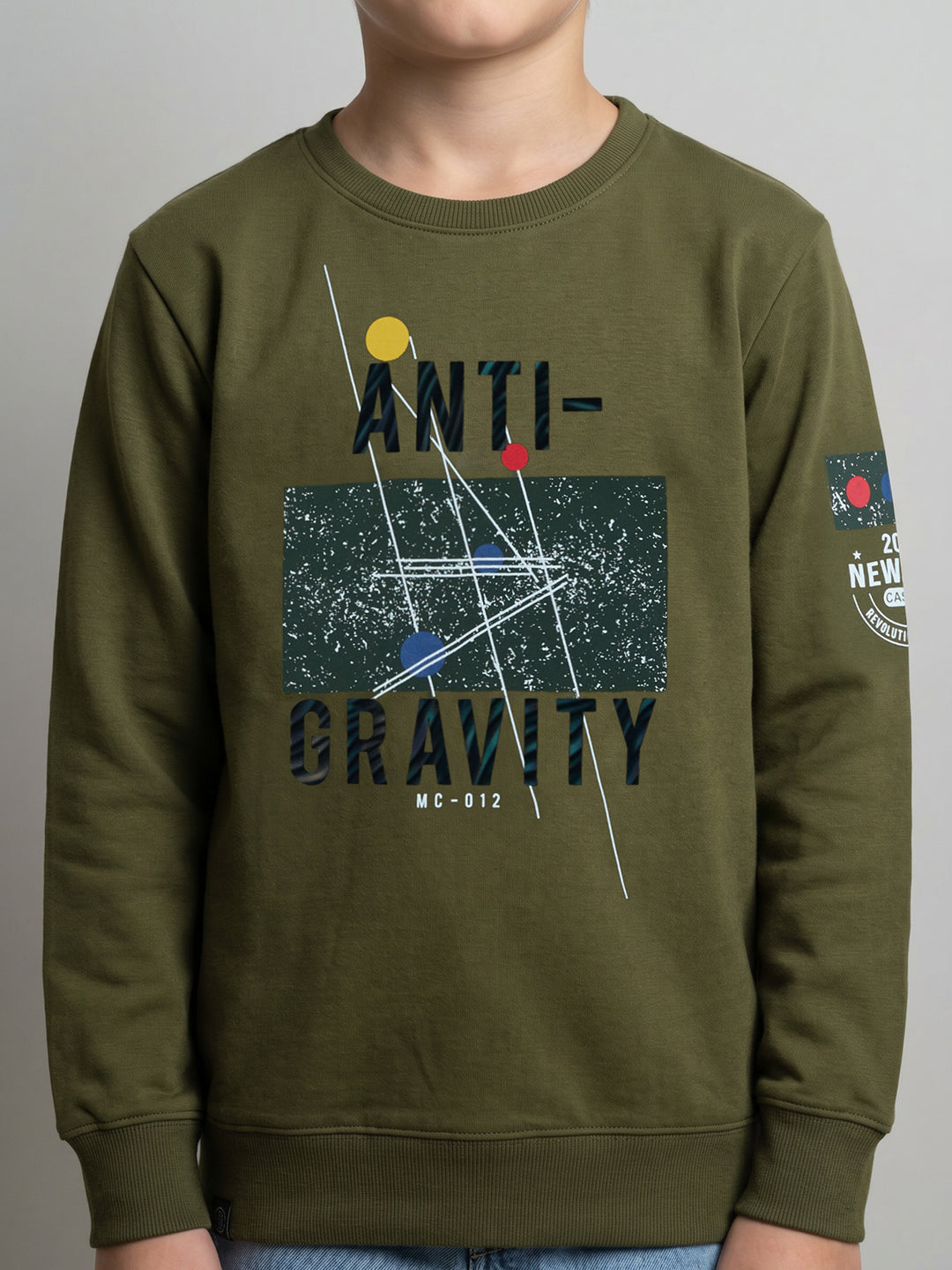 Boys Olive Printed Round Neck Full Sleeve T-Shirt