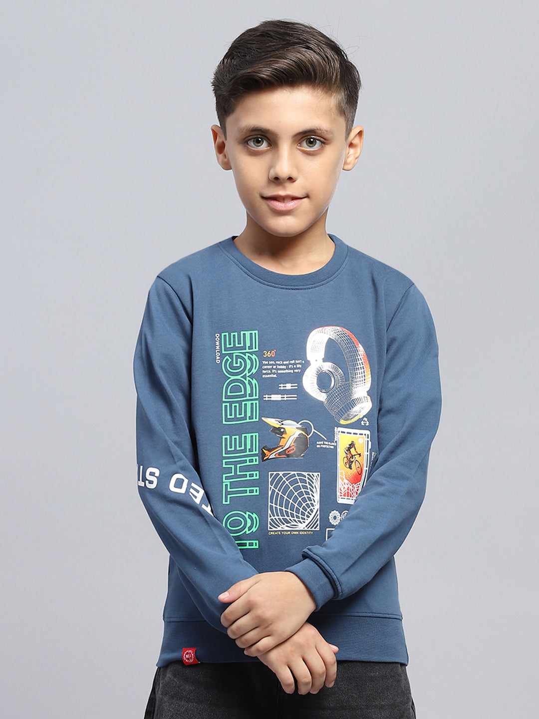 Boys Teal Blue Printed Round Neck Full Sleeve T-Shirt