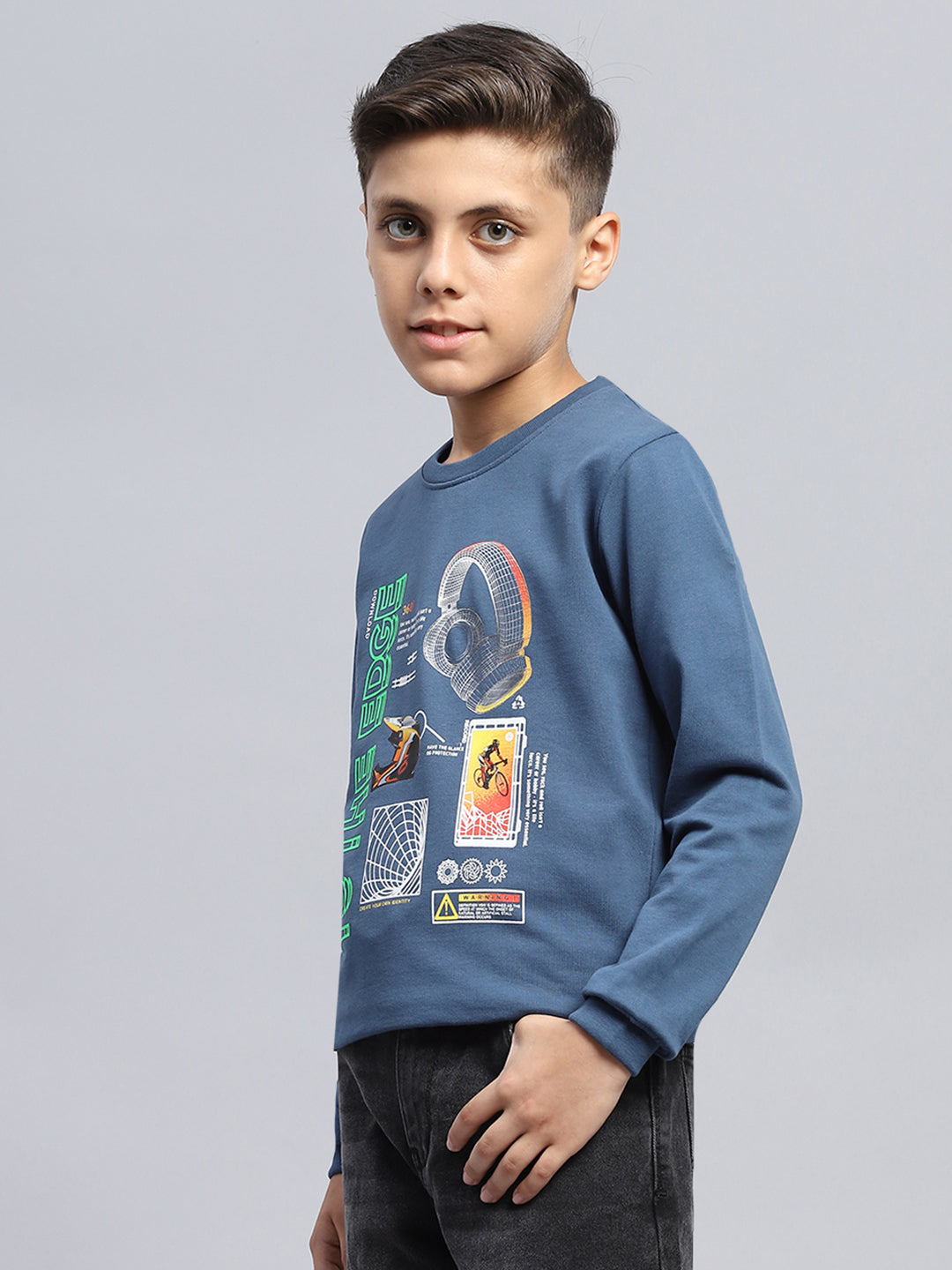 Boys Teal Blue Printed Round Neck Full Sleeve T-Shirt