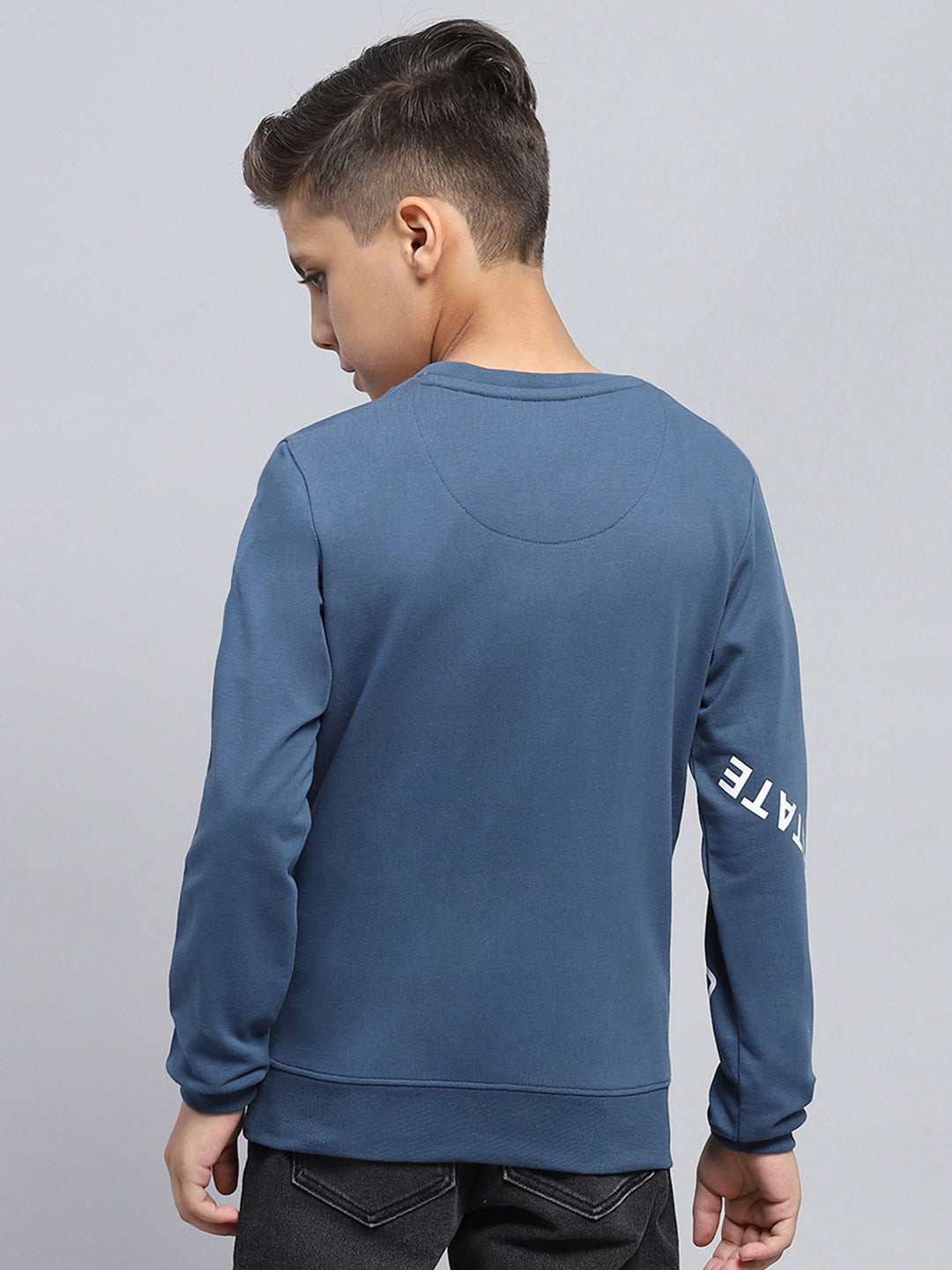 Boys Teal Blue Printed Round Neck Full Sleeve T-Shirt