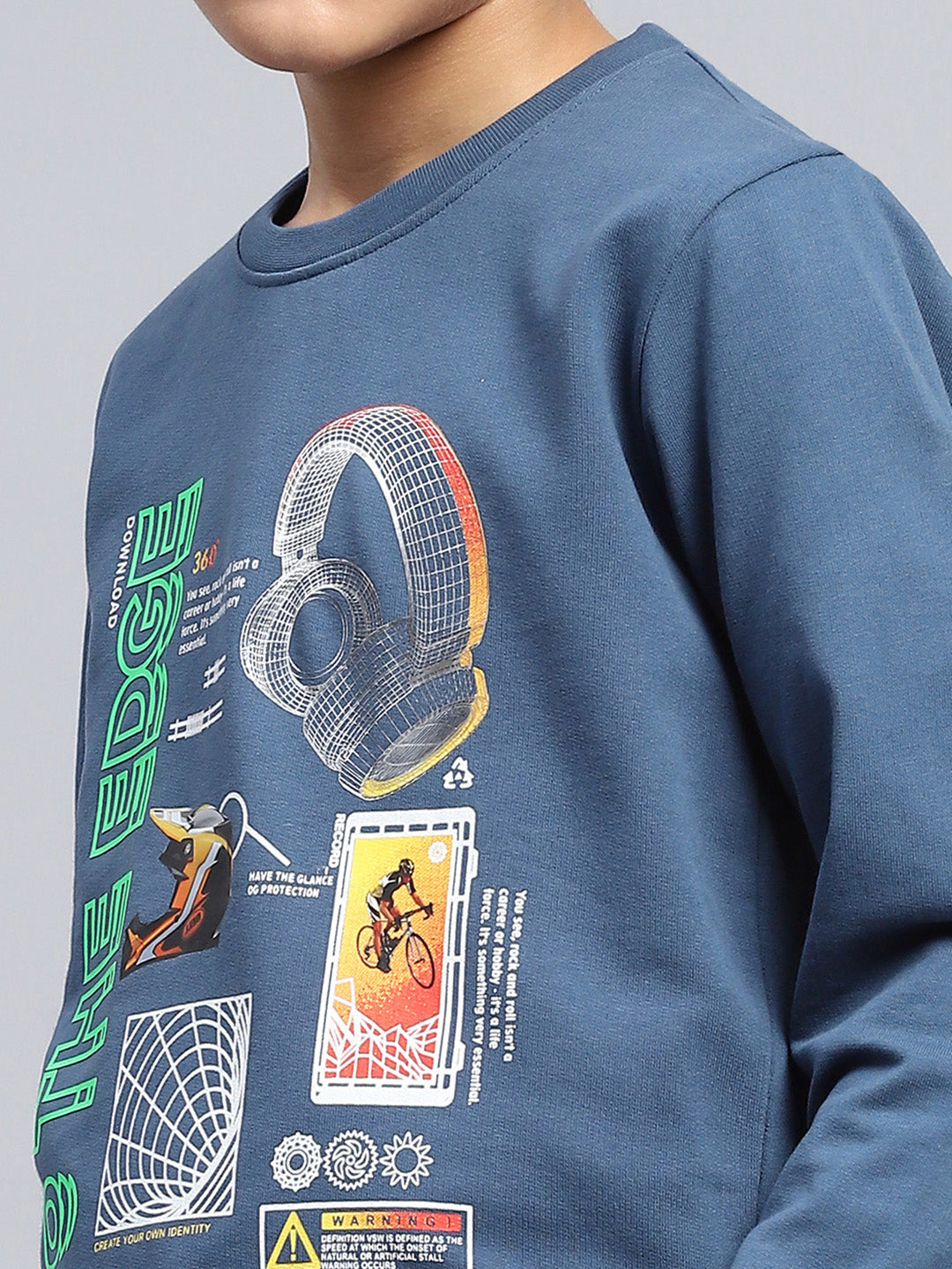 Boys Teal Blue Printed Round Neck Full Sleeve T-Shirt