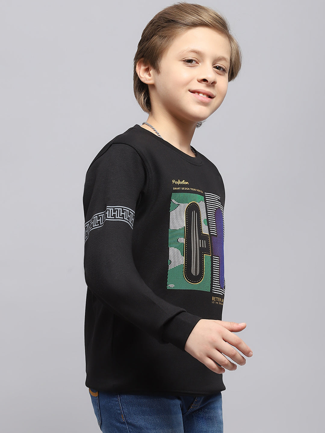 Boys Black Printed Round Neck Full Sleeve T-Shirt