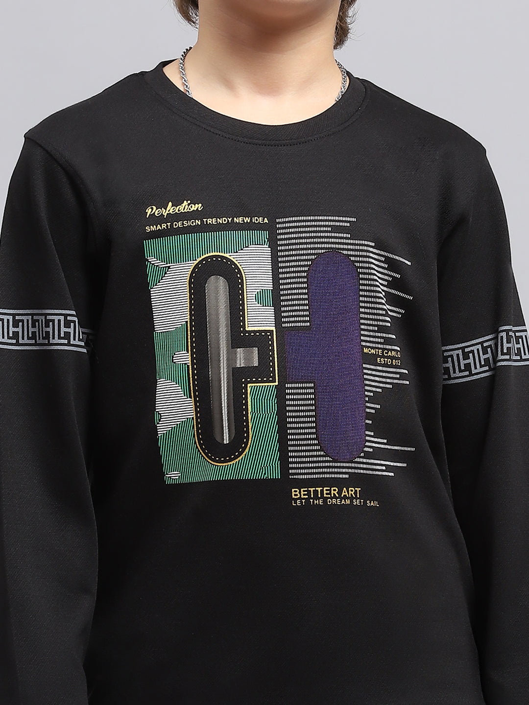 Boys Black Printed Round Neck Full Sleeve T-Shirt