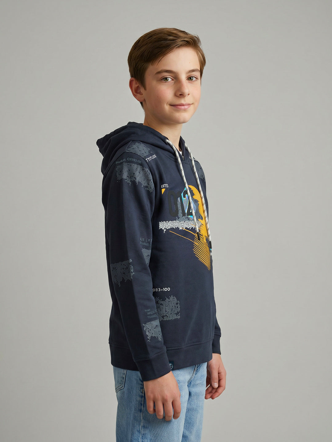 Boys Navy Blue Printed Hooded Full Sleeve Sweatshirt
