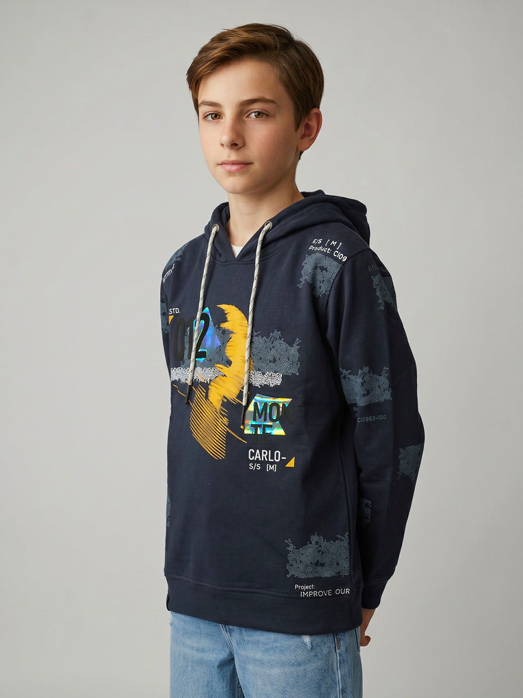Boys Navy Blue Printed Hooded Full Sleeve Sweatshirt