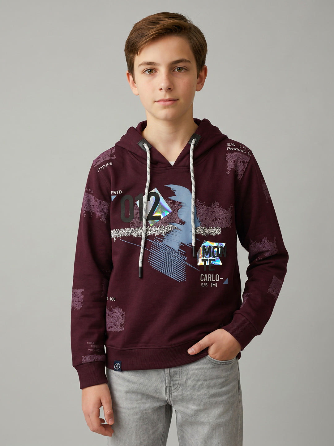 Boys Maroon Printed Hooded Full Sleeve Sweatshirt