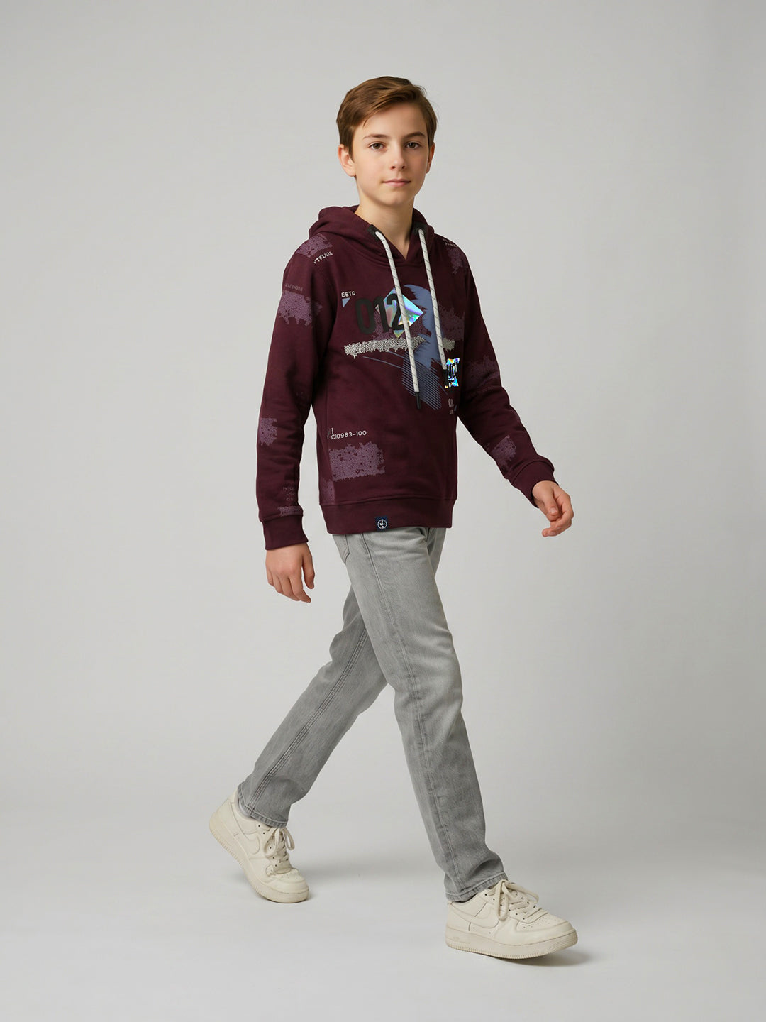 Boys Maroon Printed Hooded Full Sleeve Sweatshirt