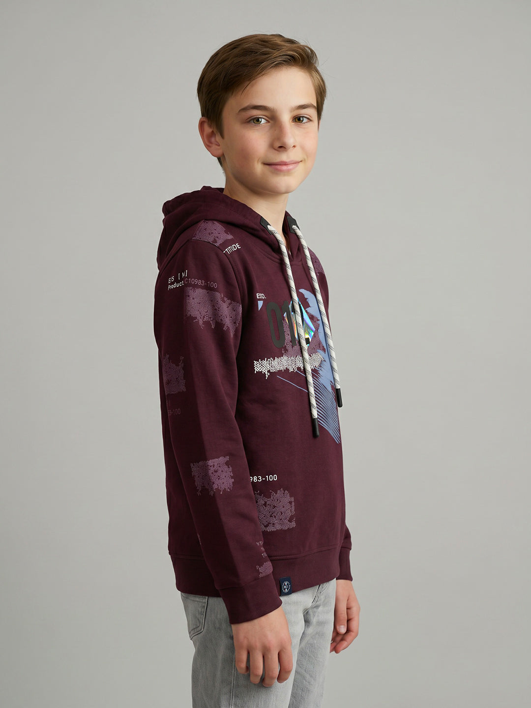 Boys Maroon Printed Hooded Full Sleeve Sweatshirt