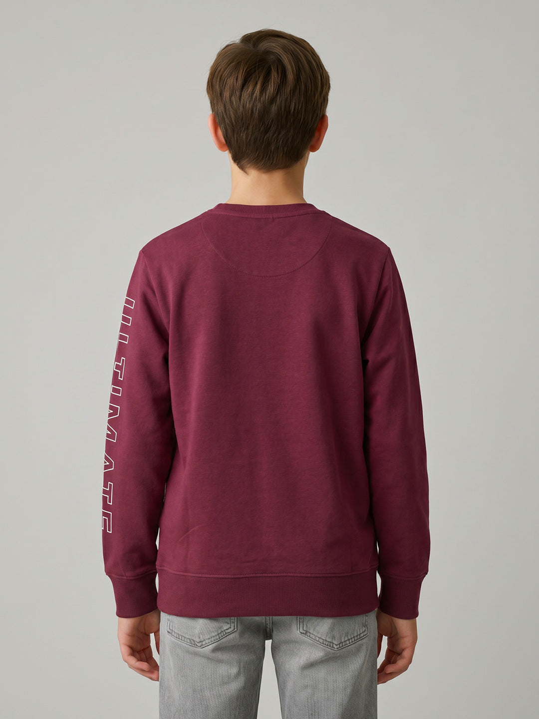 Boys Maroon Printed Round Neck Full Sleeve Sweatshirt