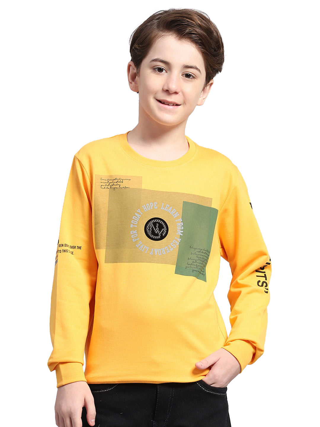 Boys Yellow Printed Round Neck Full Sleeve Sweatshirt