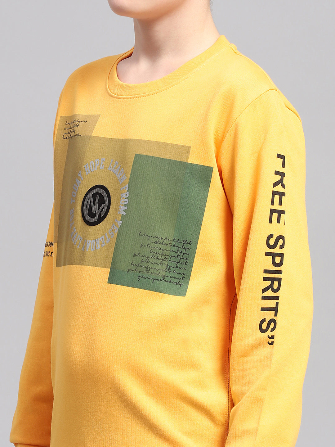 Boys Yellow Printed Round Neck Full Sleeve Sweatshirt