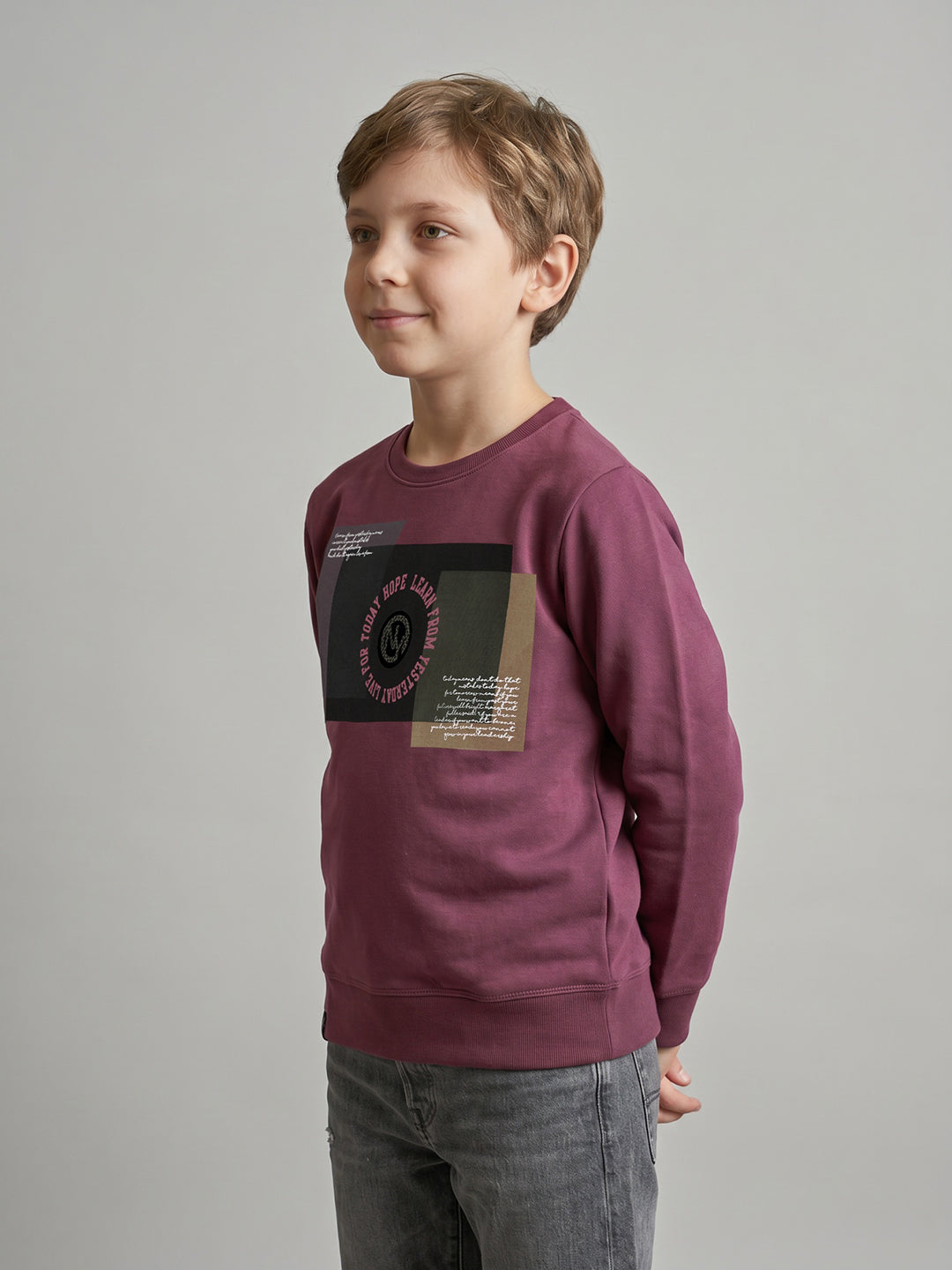 Boys Burgundy Printed Round Neck Full Sleeve Sweatshirt