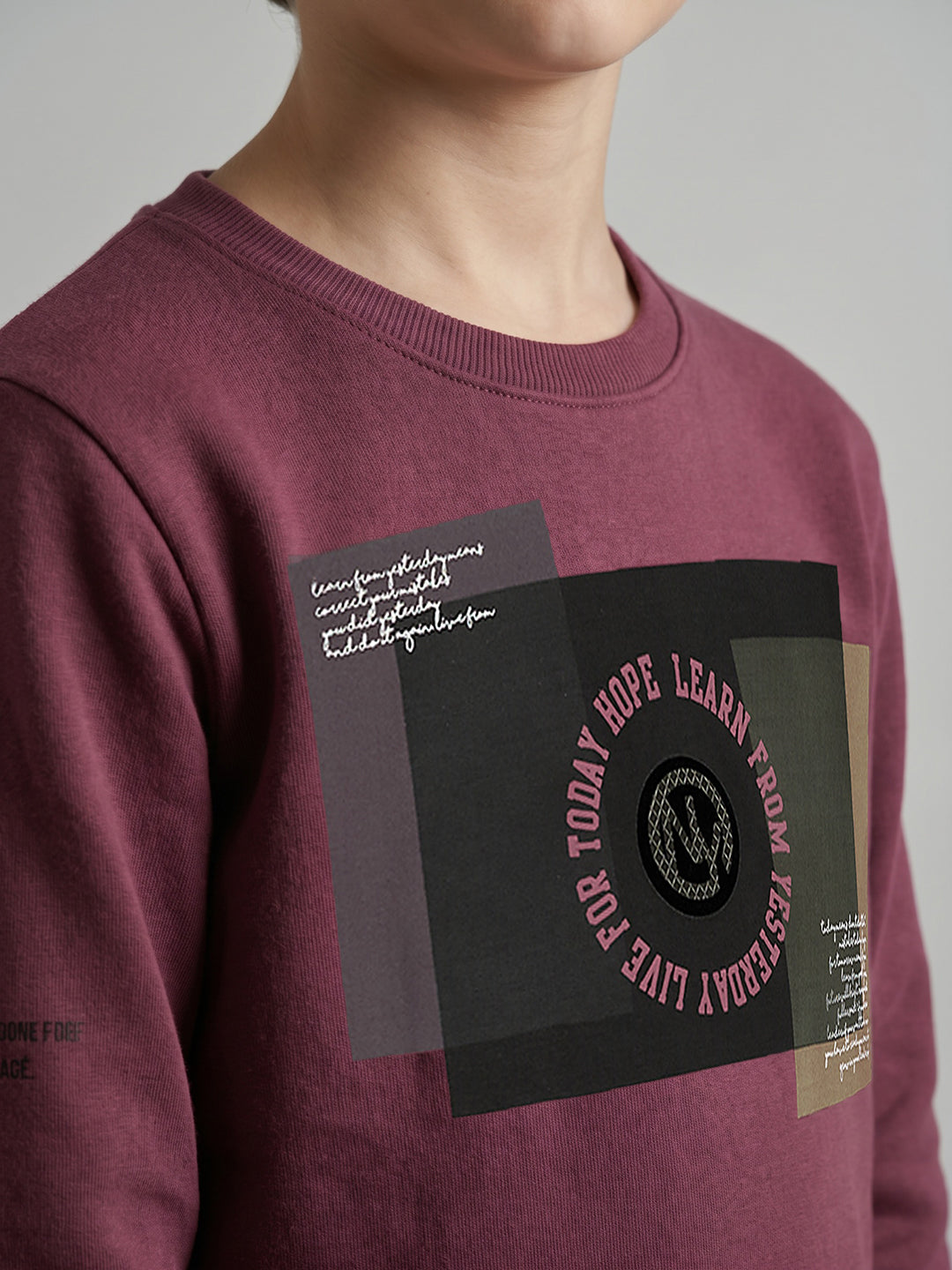 Boys Burgundy Printed Round Neck Full Sleeve Sweatshirt