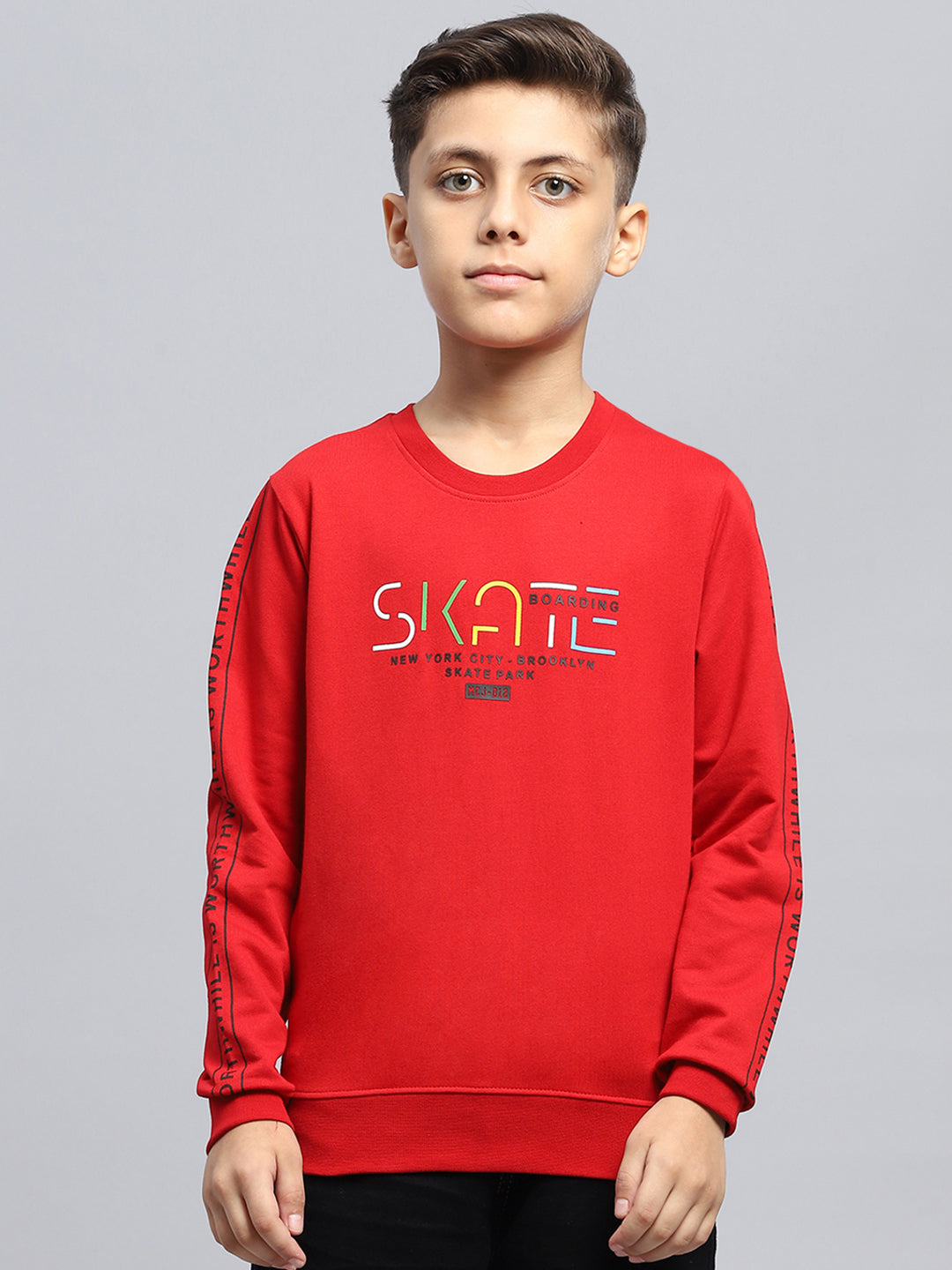 Boys Red Printed Round Neck Full Sleeve Sweatshirt