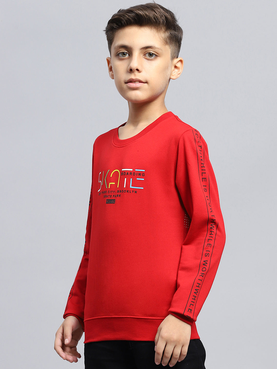 Boys Red Printed Round Neck Full Sleeve Sweatshirt