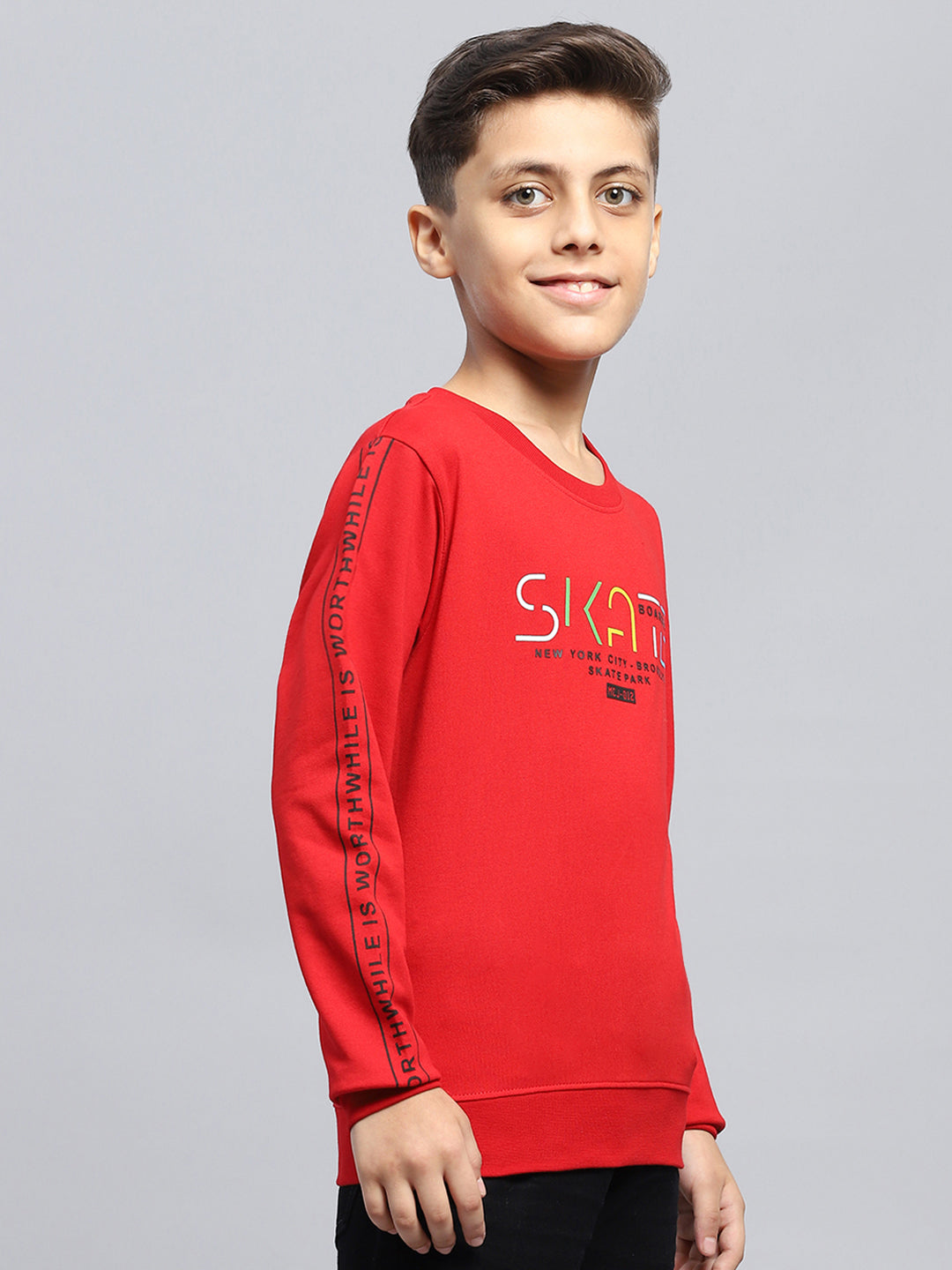 Boys Red Printed Round Neck Full Sleeve Sweatshirt