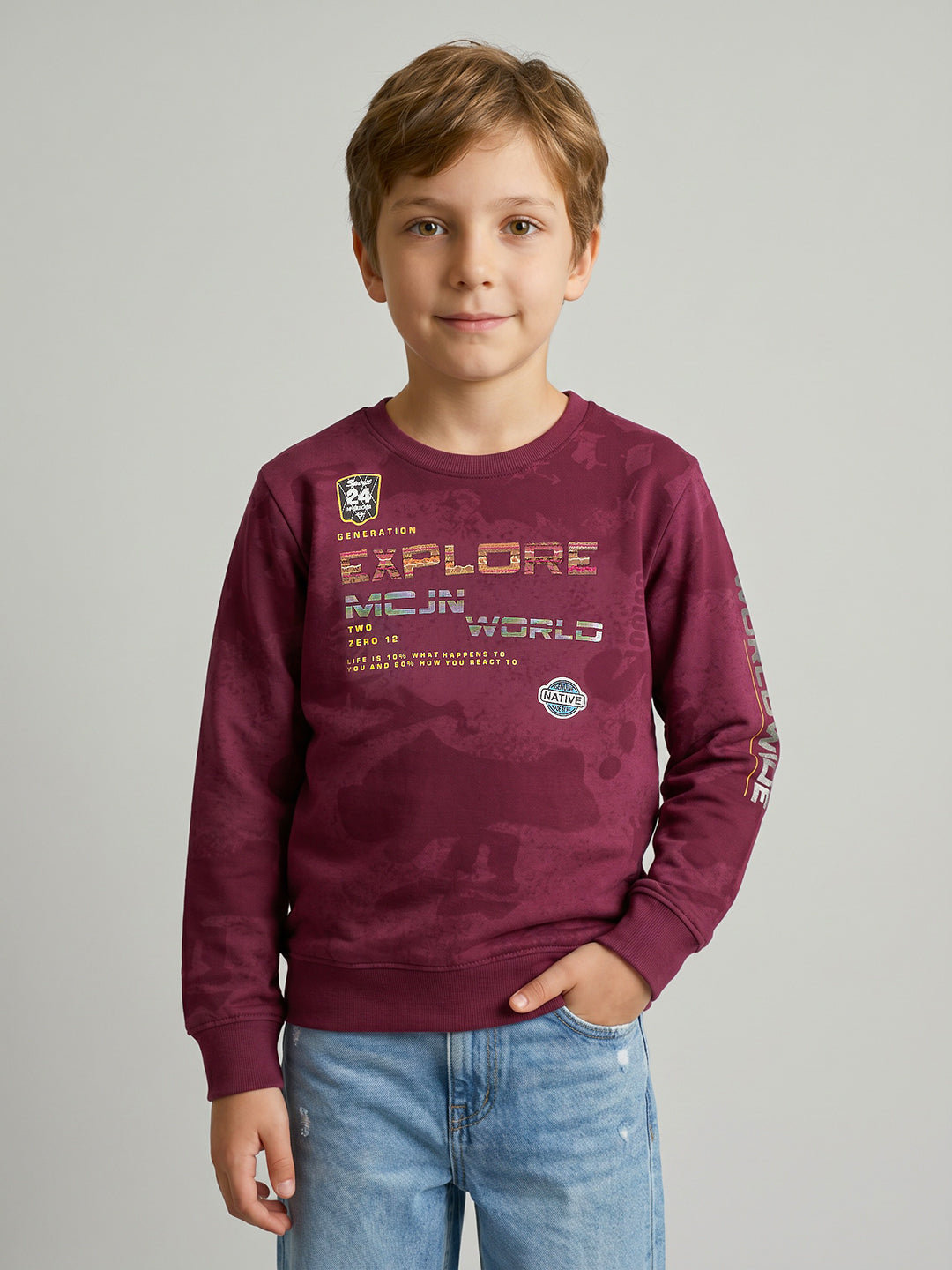 Boys Maroon Printed Round Neck Full Sleeve Sweatshirt