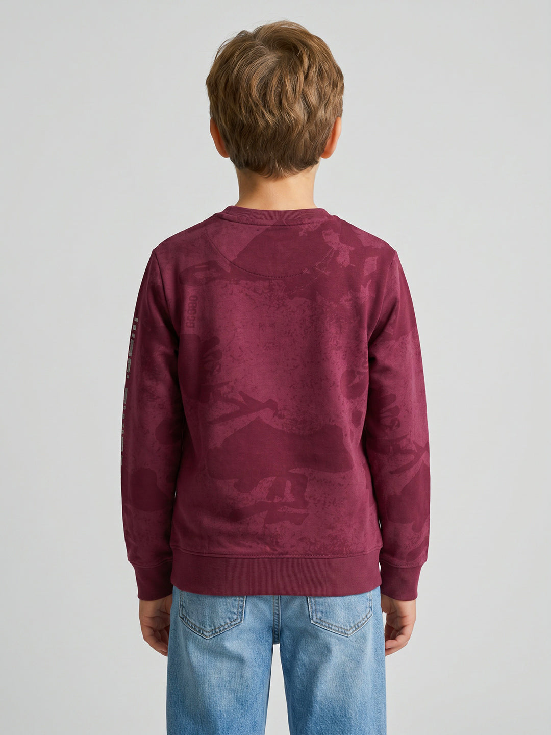 Boys Maroon Printed Round Neck Full Sleeve Sweatshirt