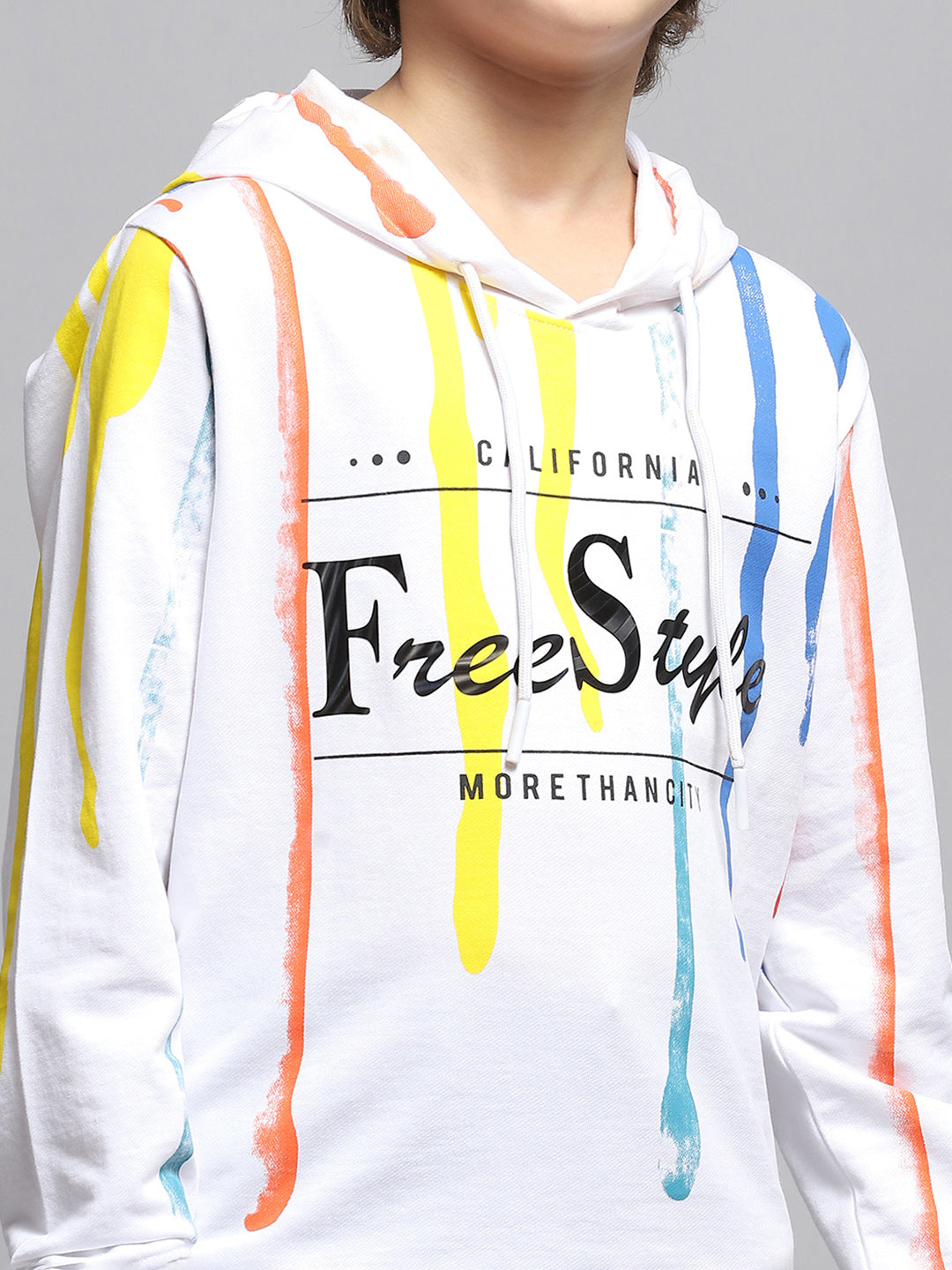 Boys White Printed Hooded Full Sleeve Sweatshirt