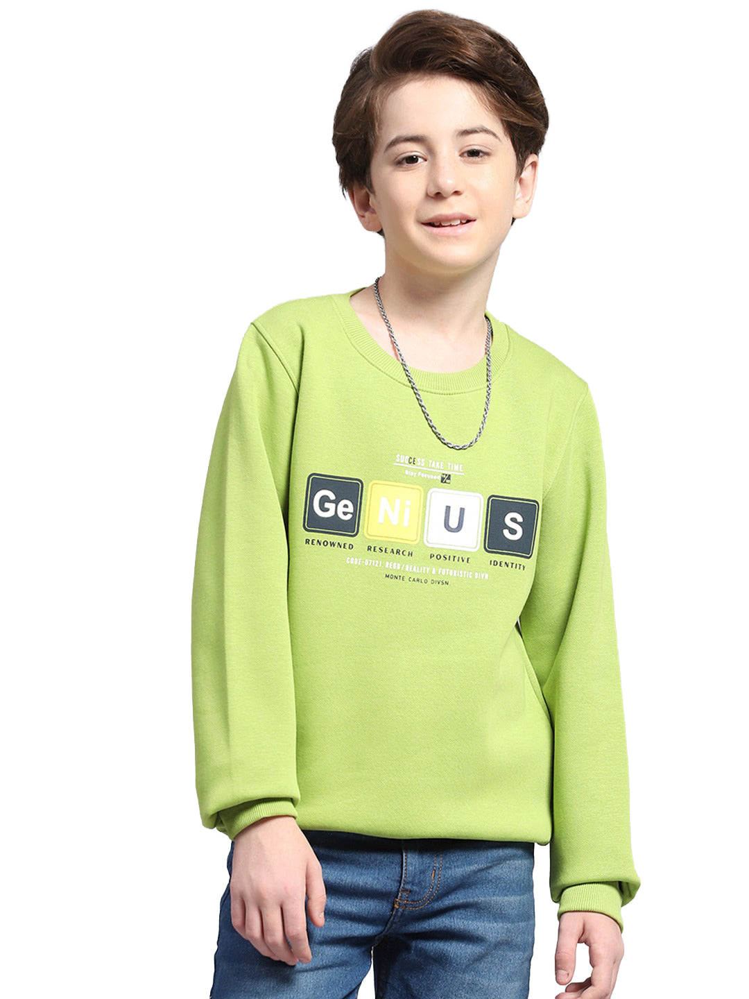 Boys Green Printed Round Neck Full Sleeve Sweatshirt