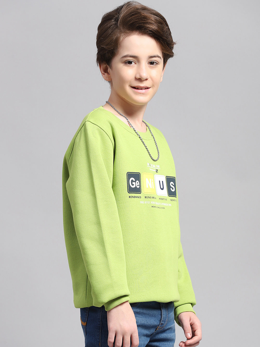 Boys Green Printed Round Neck Full Sleeve Sweatshirt