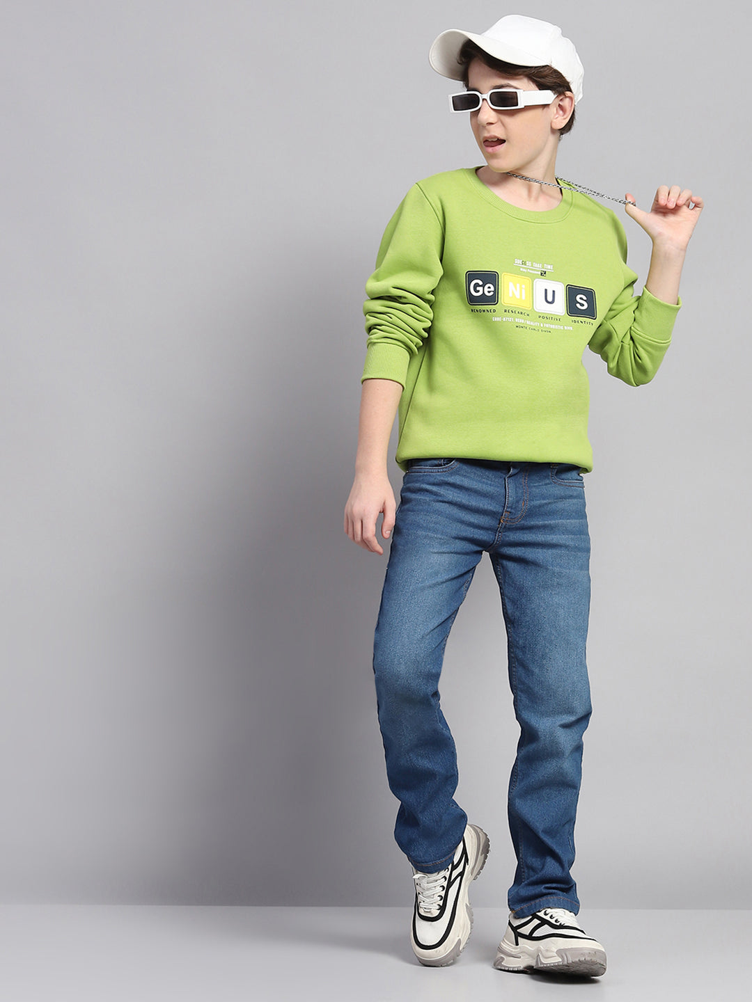 Boys Green Printed Round Neck Full Sleeve Sweatshirt