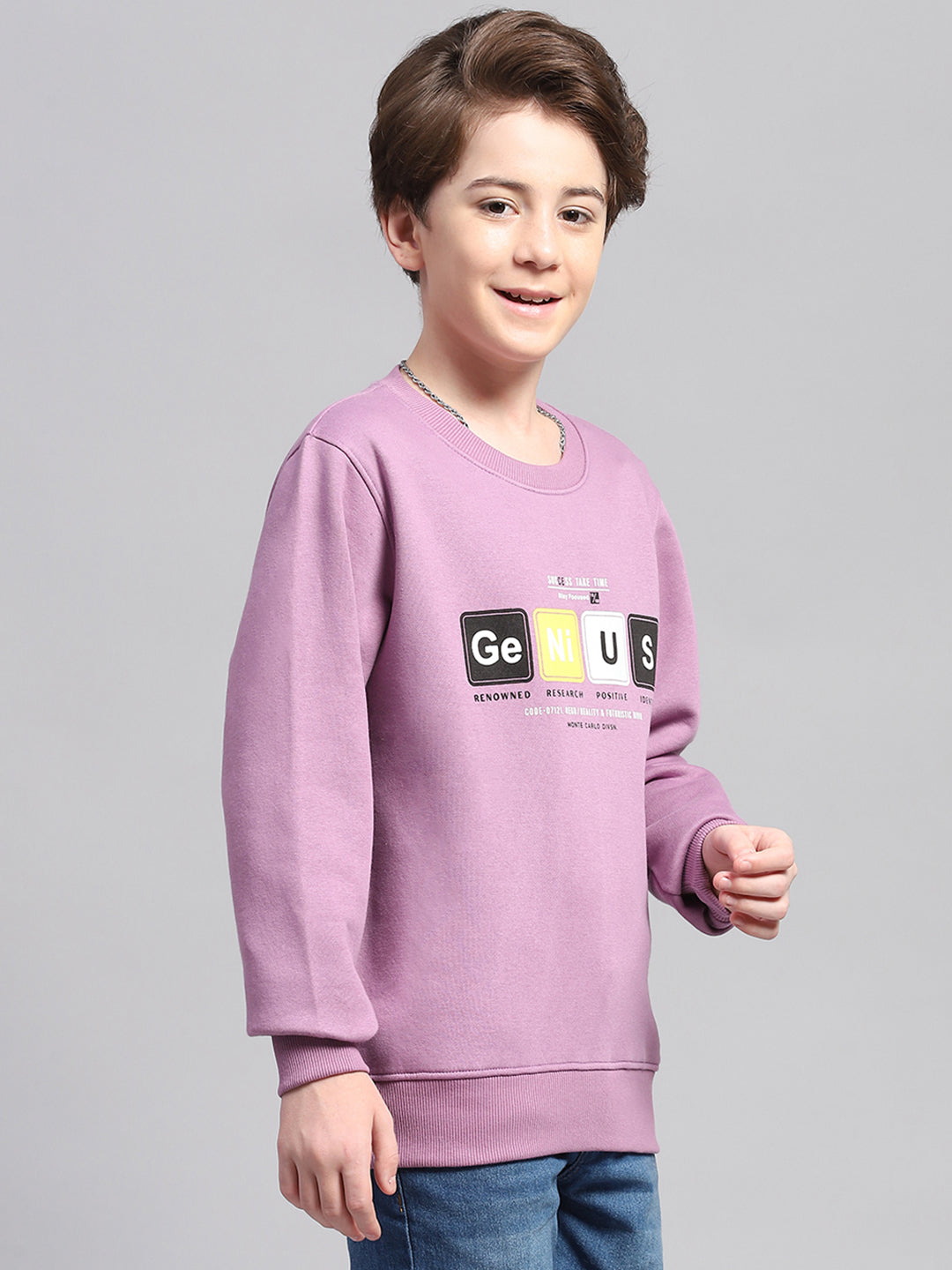 Boys Mauve Printed Round Neck Full Sleeve Sweatshirt