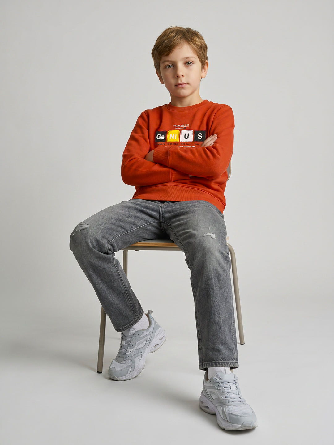 Boys Rust Printed Round Neck Full Sleeve Sweatshirt
