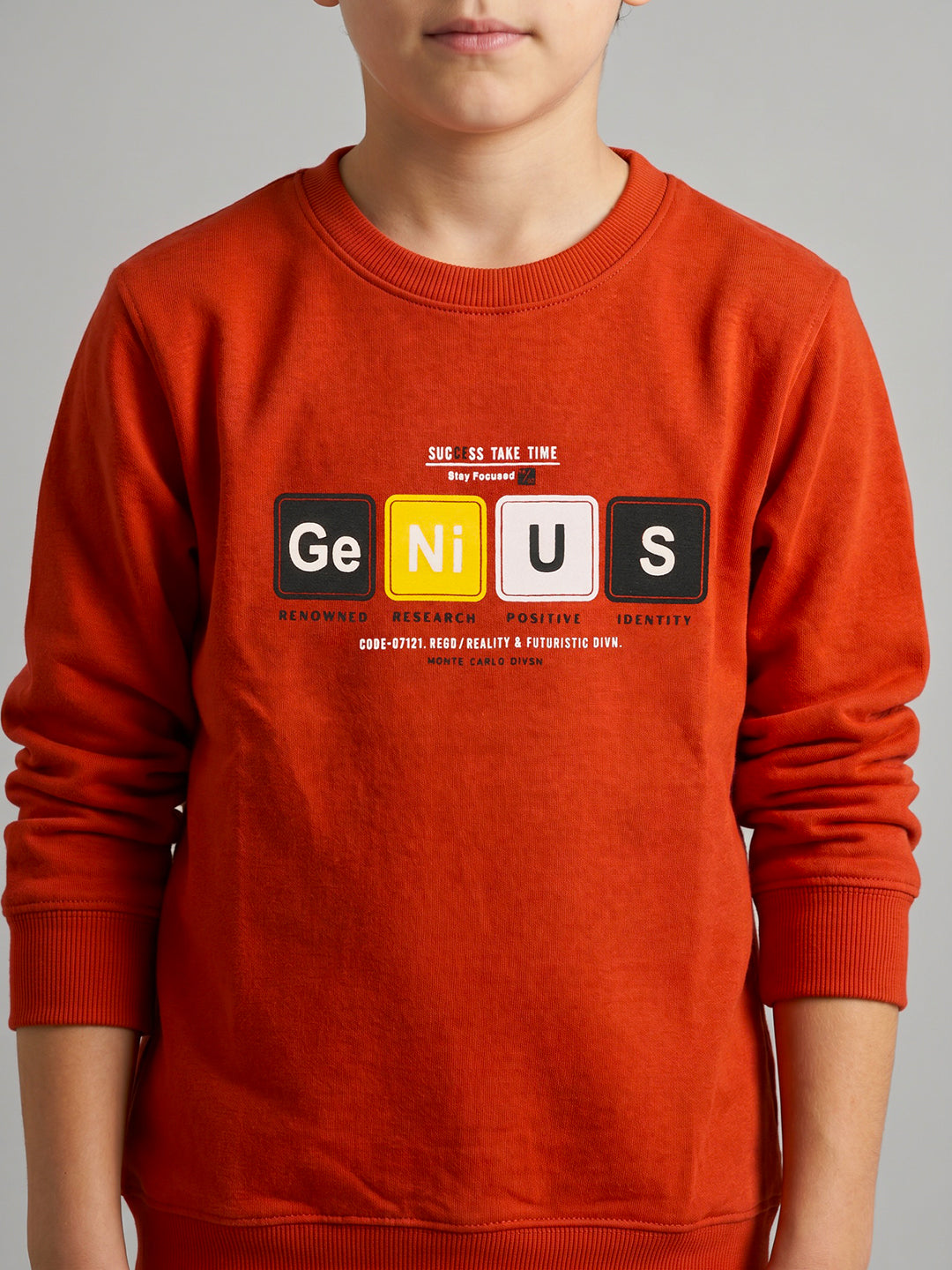 Boys Rust Printed Round Neck Full Sleeve Sweatshirt