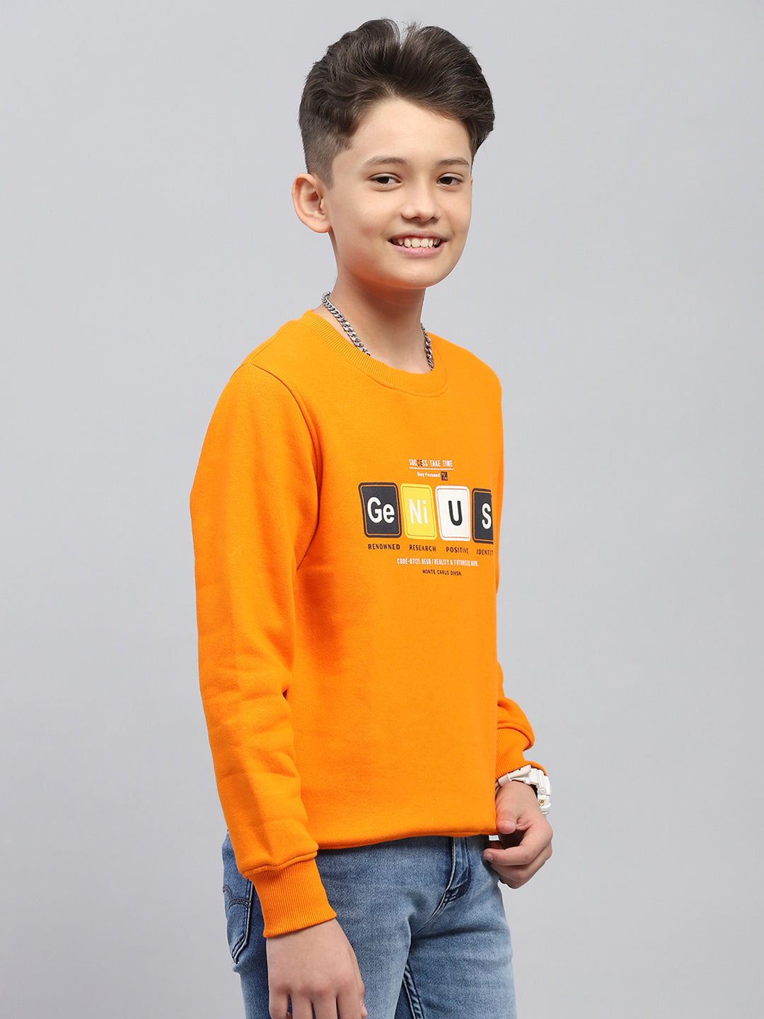 Boys Orange Printed Round Neck Full Sleeve Sweatshirt