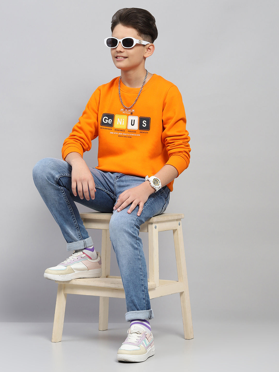 Boys Orange Printed Round Neck Full Sleeve Sweatshirt