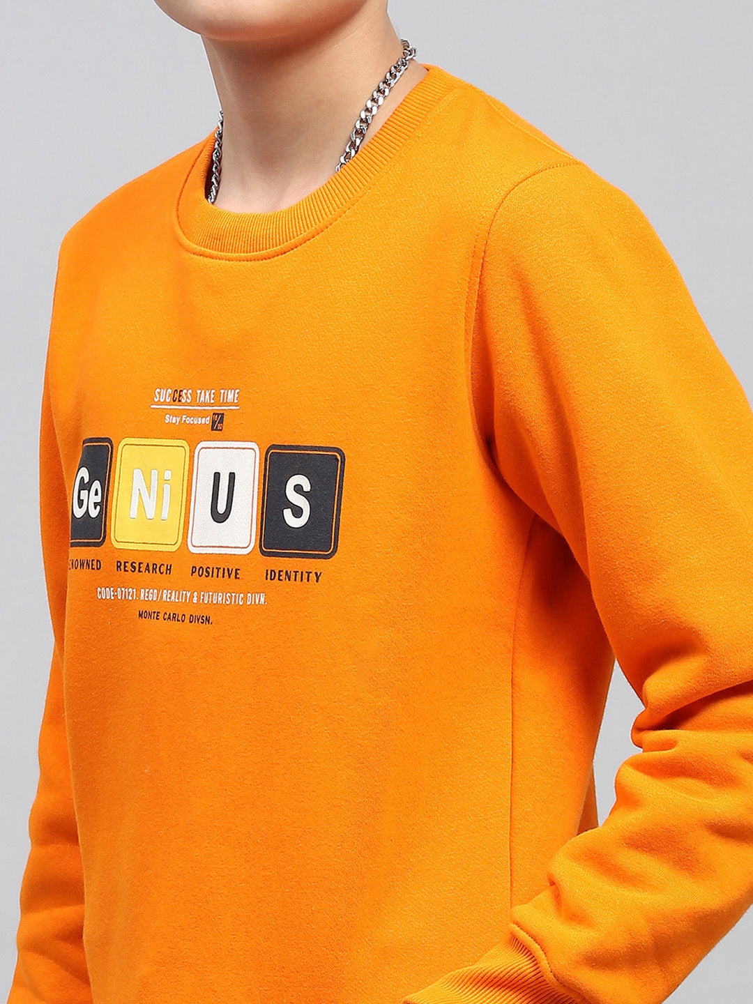 Boys Orange Printed Round Neck Full Sleeve Sweatshirt